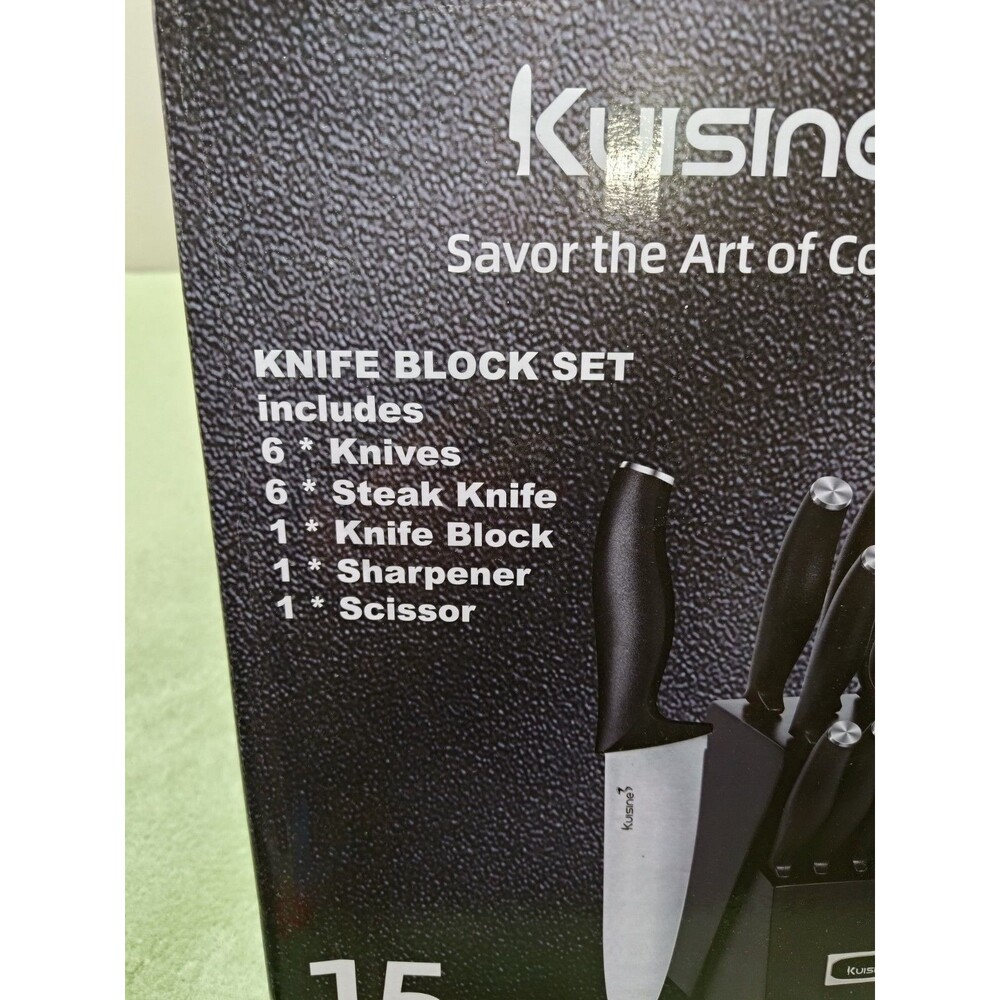 Kuisine Kitchen Chef Knife Block Set Stainless Steel Sharp Knife Set Black 15pcs - Picture 3 of 4